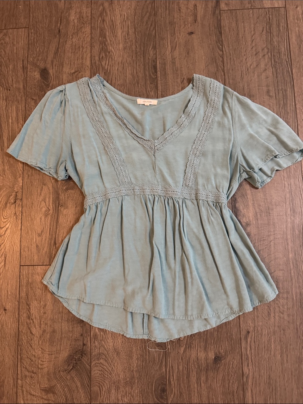 Maurices Dusty Blue V-Neck Peplum Tunic with Lace Trim